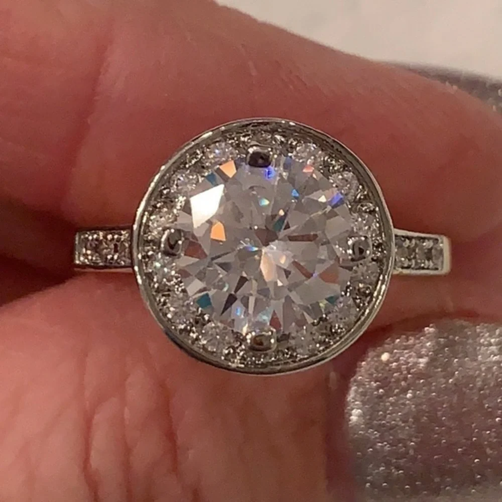 Gold silver tone large faux Diamond solitaire statement cocktail ring